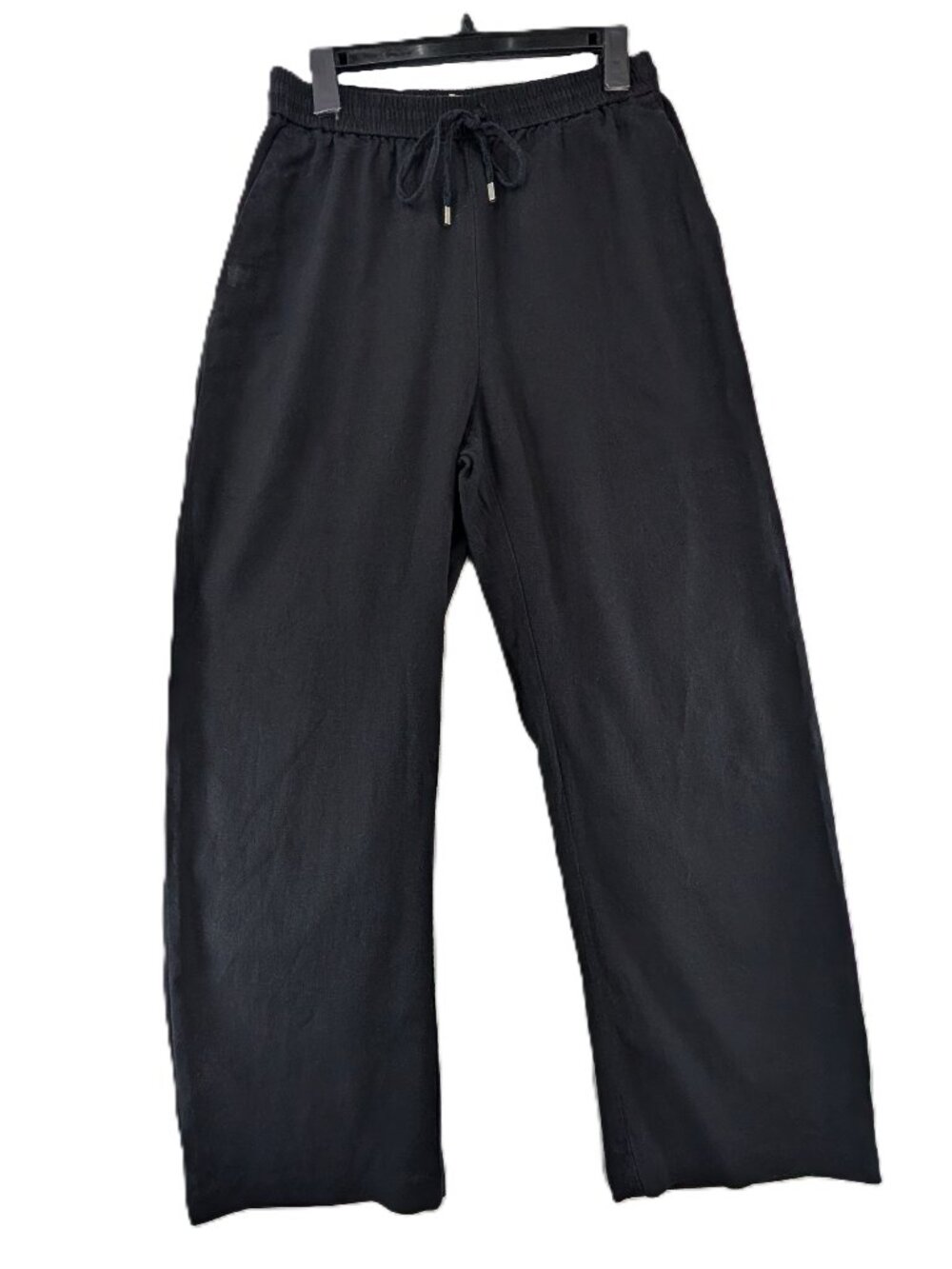 Zara Pants Womens Sz Large Linen Blend Black Wide Leg Pull-on Pockets Drawstring